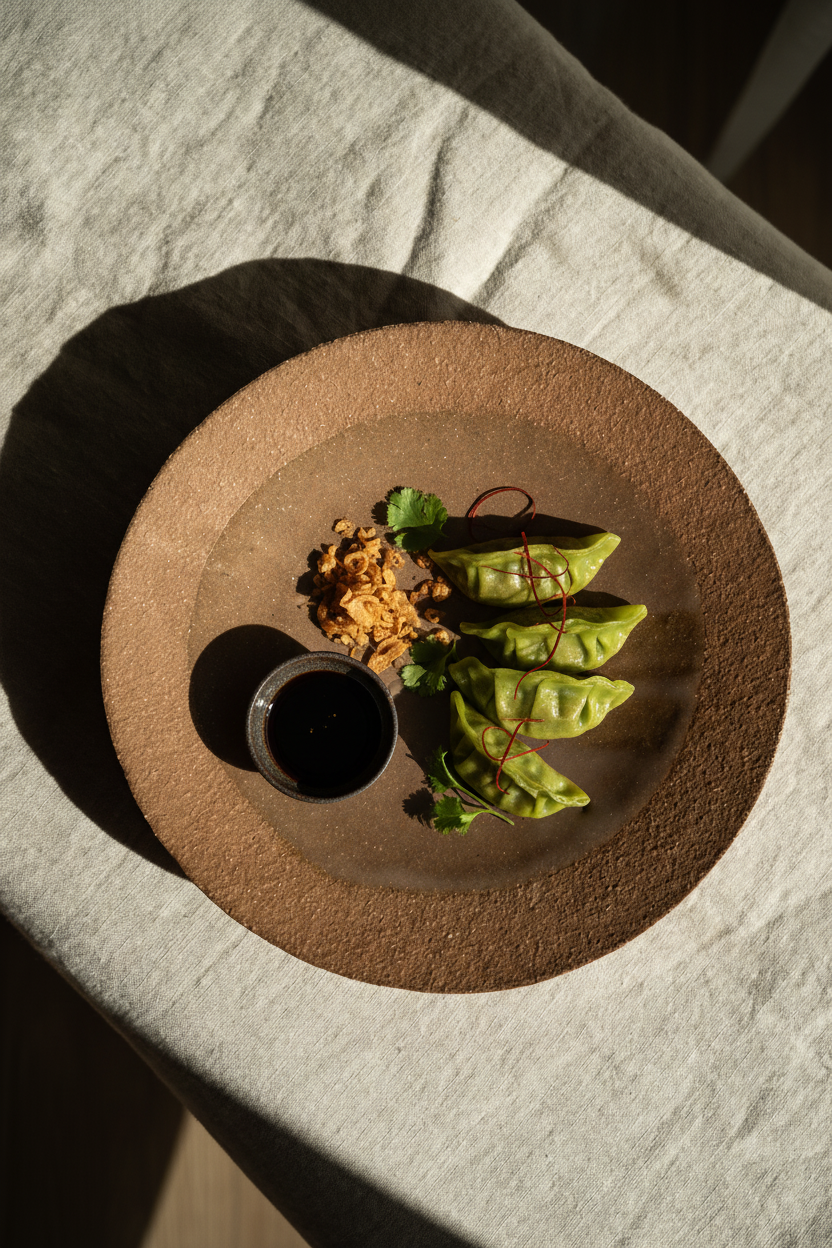 Handmade pinkish red stoneware pedestal plate with speckles and glossy glaze on a rustic unglazed rim.