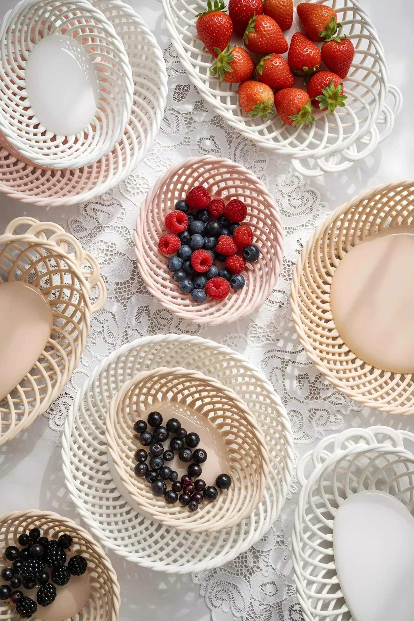 Ceramic Round Hand-Woven Basket – White, Beige & Pink Glossy Porcelain