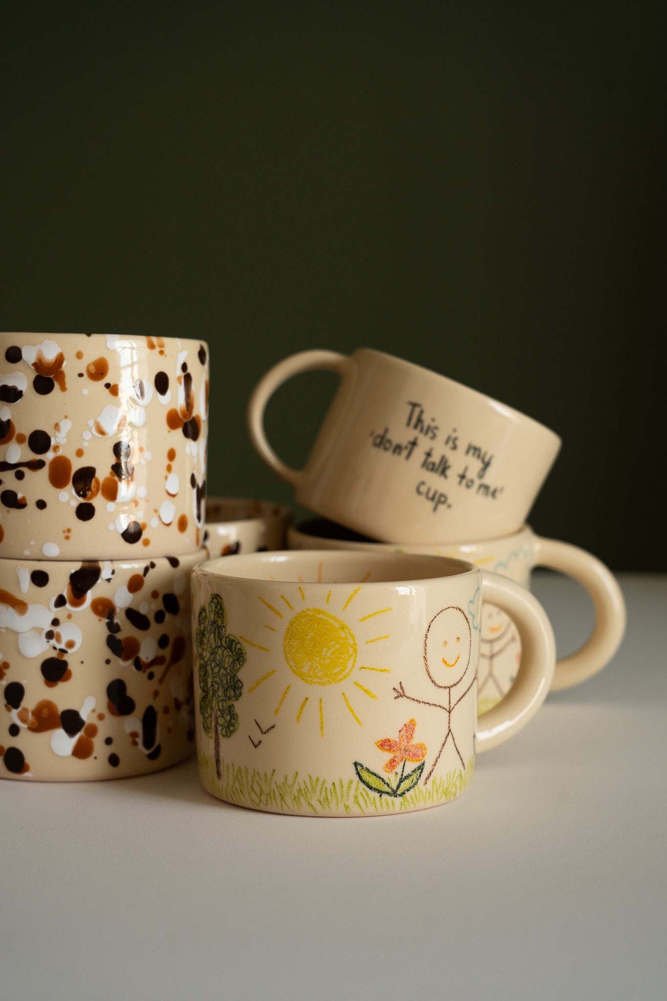 Hand-Drawn Ceramic Mug – Beige Stoneware, Whimsical Childhood Landscape Art