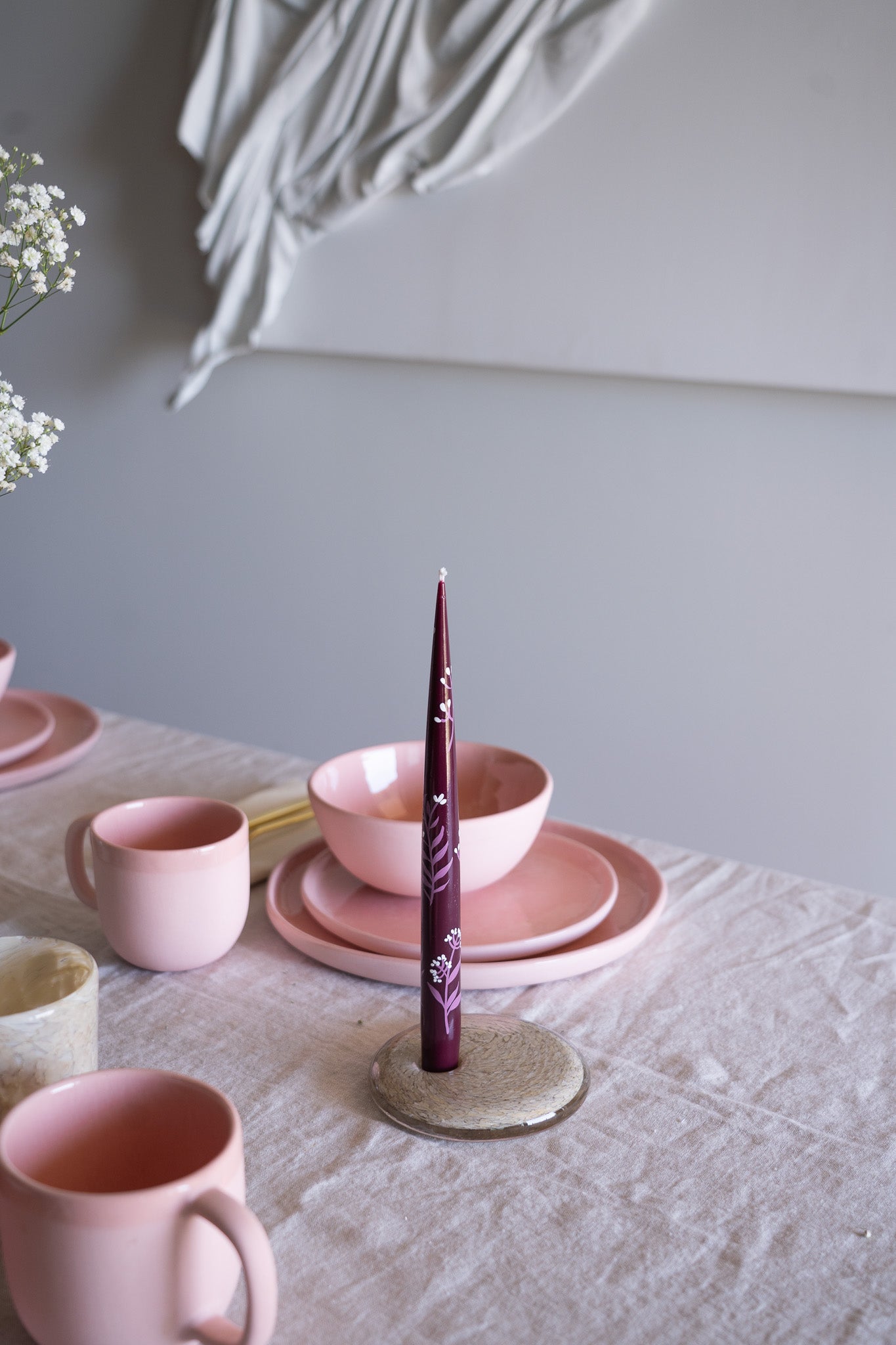 Hand-Painted Taper Candle Set – Inspired by Spring (Burgundy)