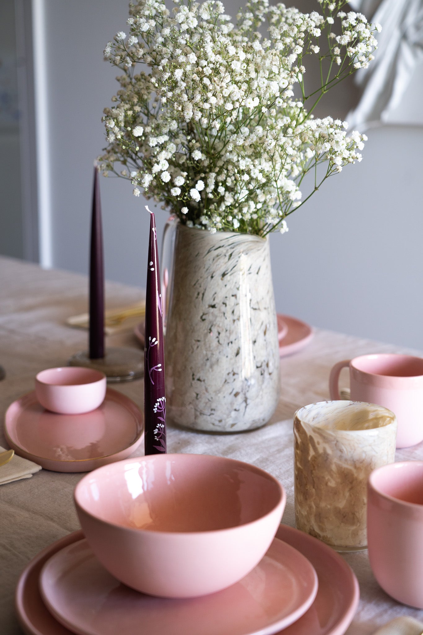 Hand-Painted Taper Candle Set – Inspired by Spring (Burgundy)