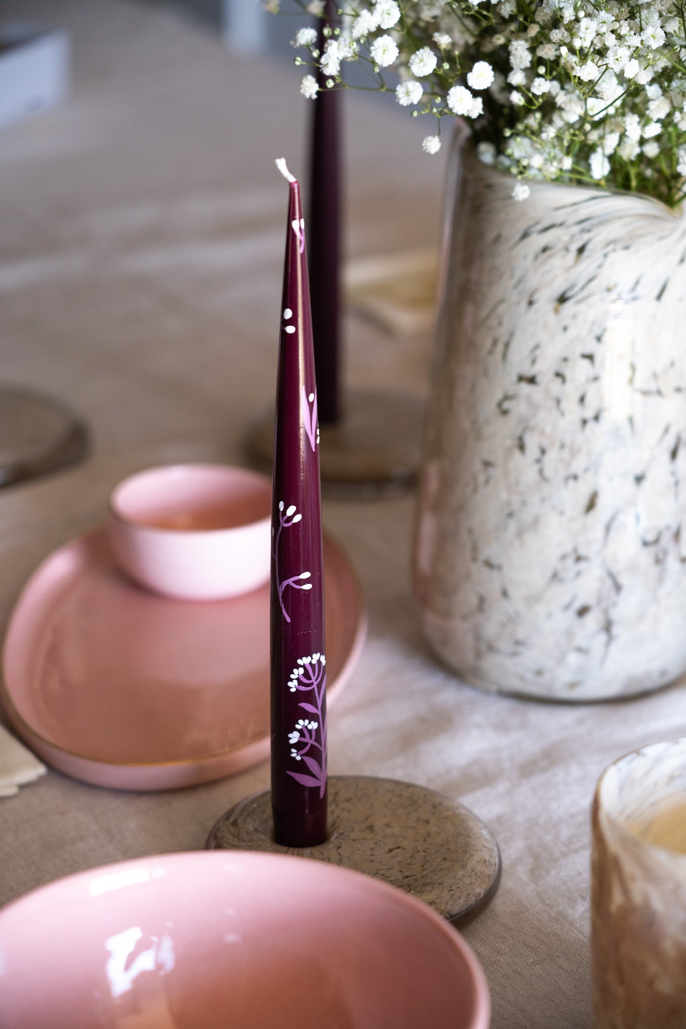 Hand-Painted Taper Candle Set – Inspired by Spring (Burgundy)