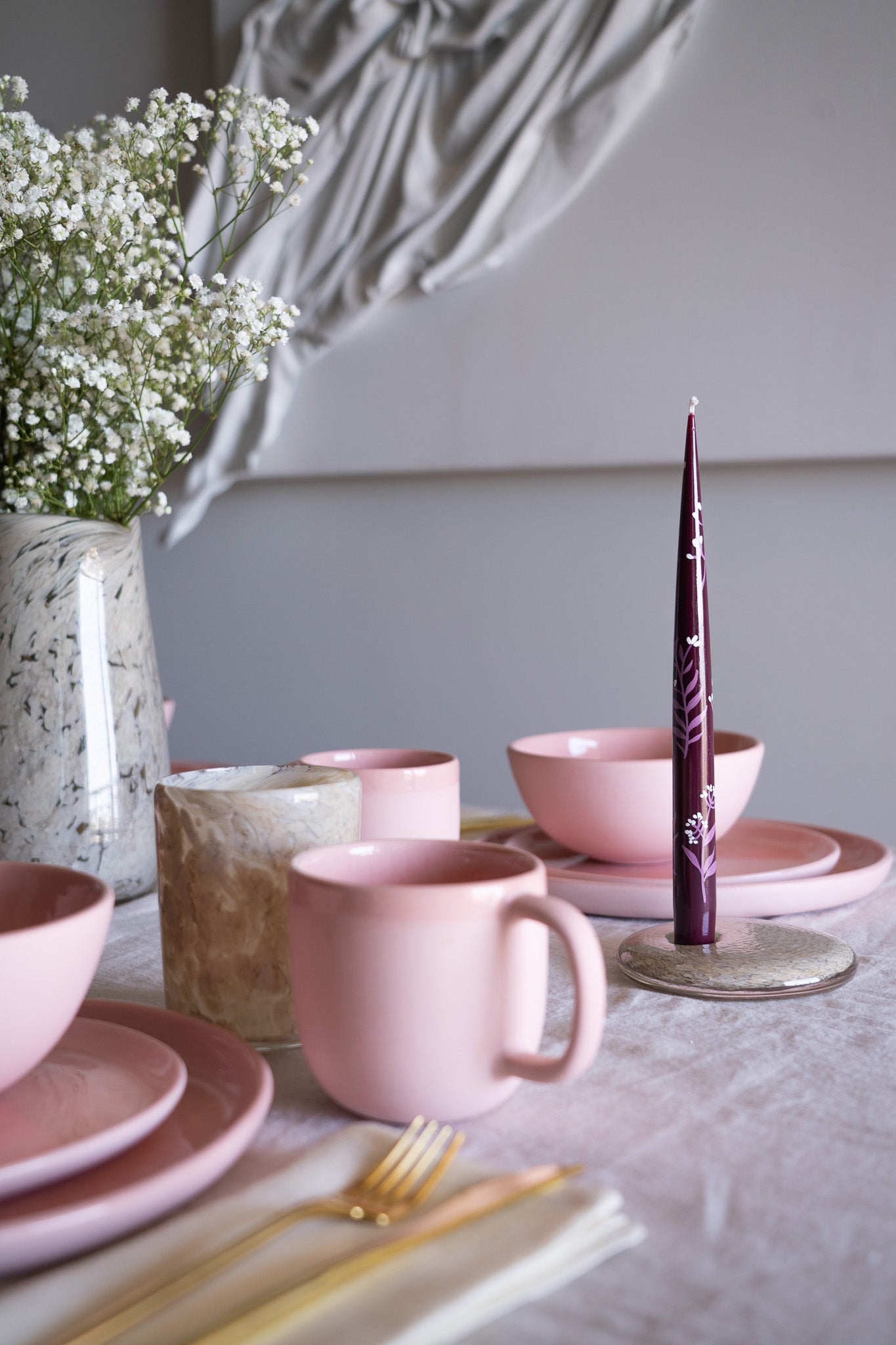 Hand-Painted Taper Candle Set – Inspired by Spring (Burgundy)