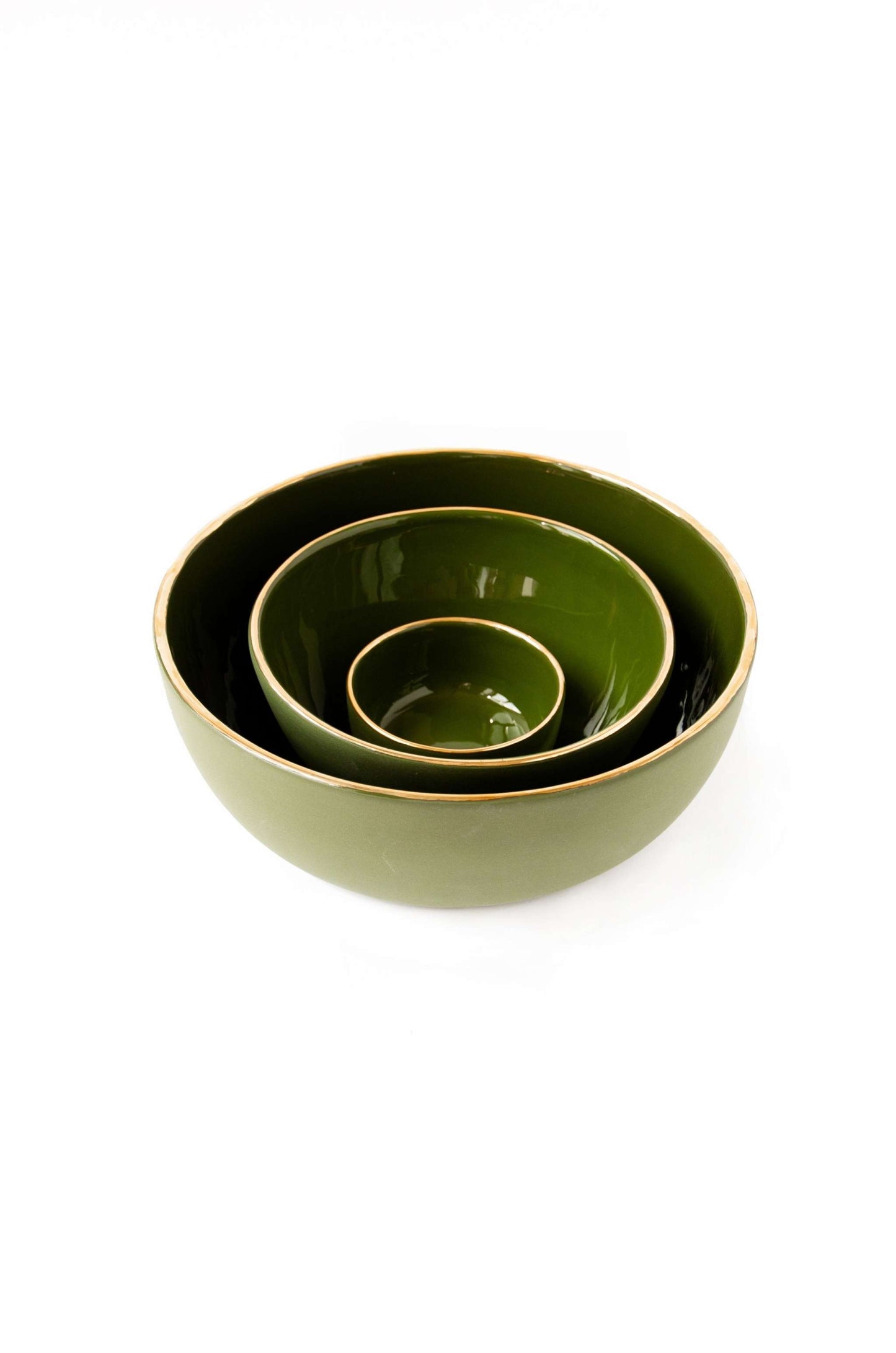 Green handmade porcelain salad bowl with gold rim, elegant and food-safe
