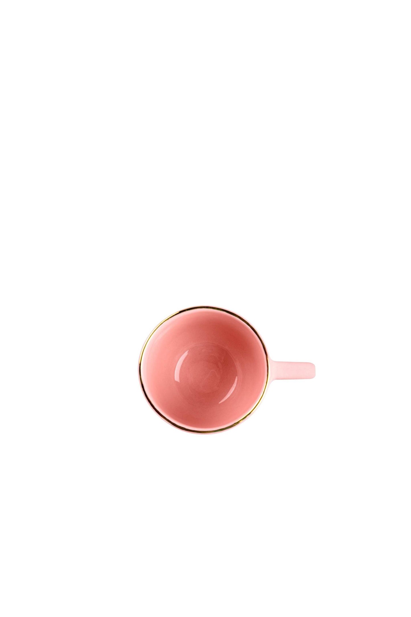 Handmade porcelain coffee mug in powder pink with gold rim and shiny glaze