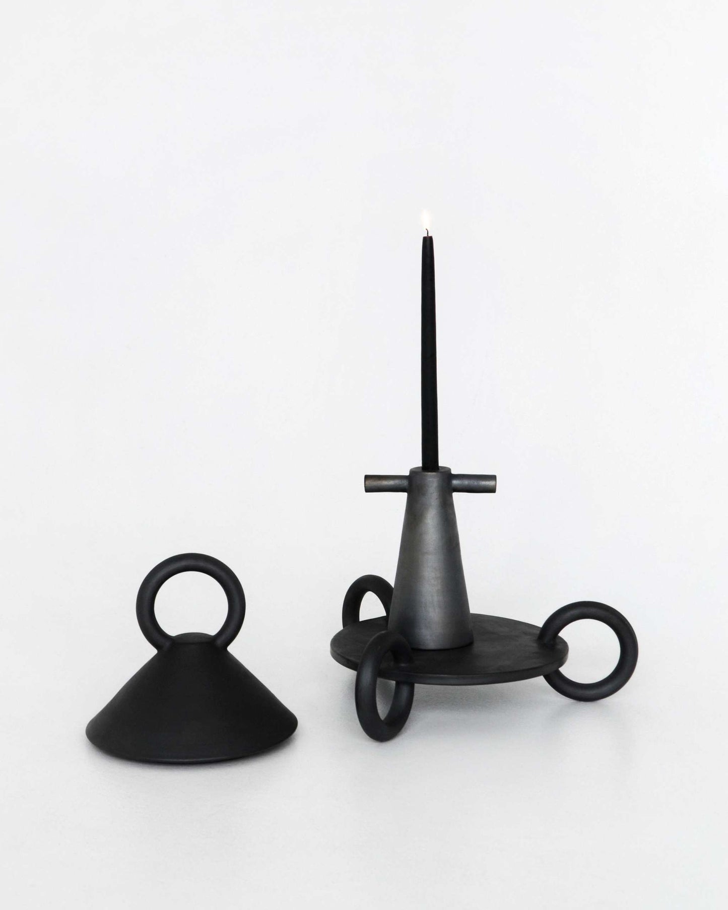 Black stoneware tall candle holder handmade in Ukraine with smoked ceramic finish