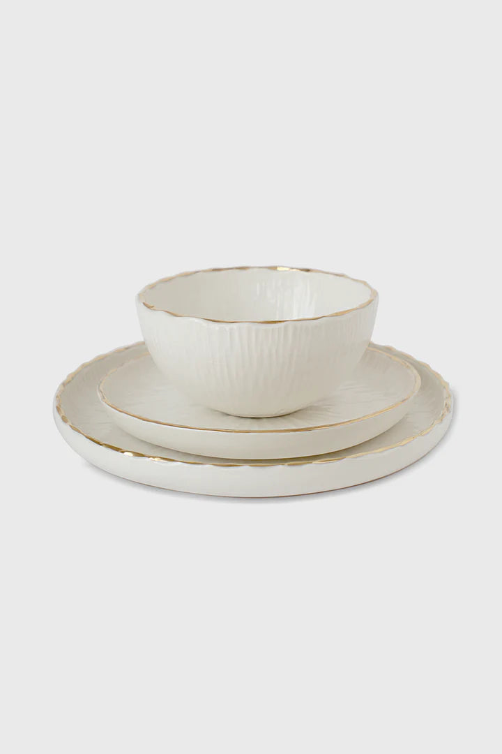 Handmade White Porcelain Bowl with Gold Rim. Relief Collection