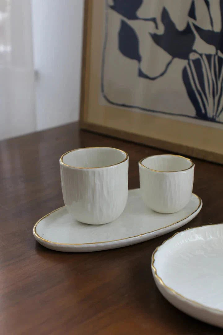 Handmade Porcelain Oval Serving Platter with Gold Rim.