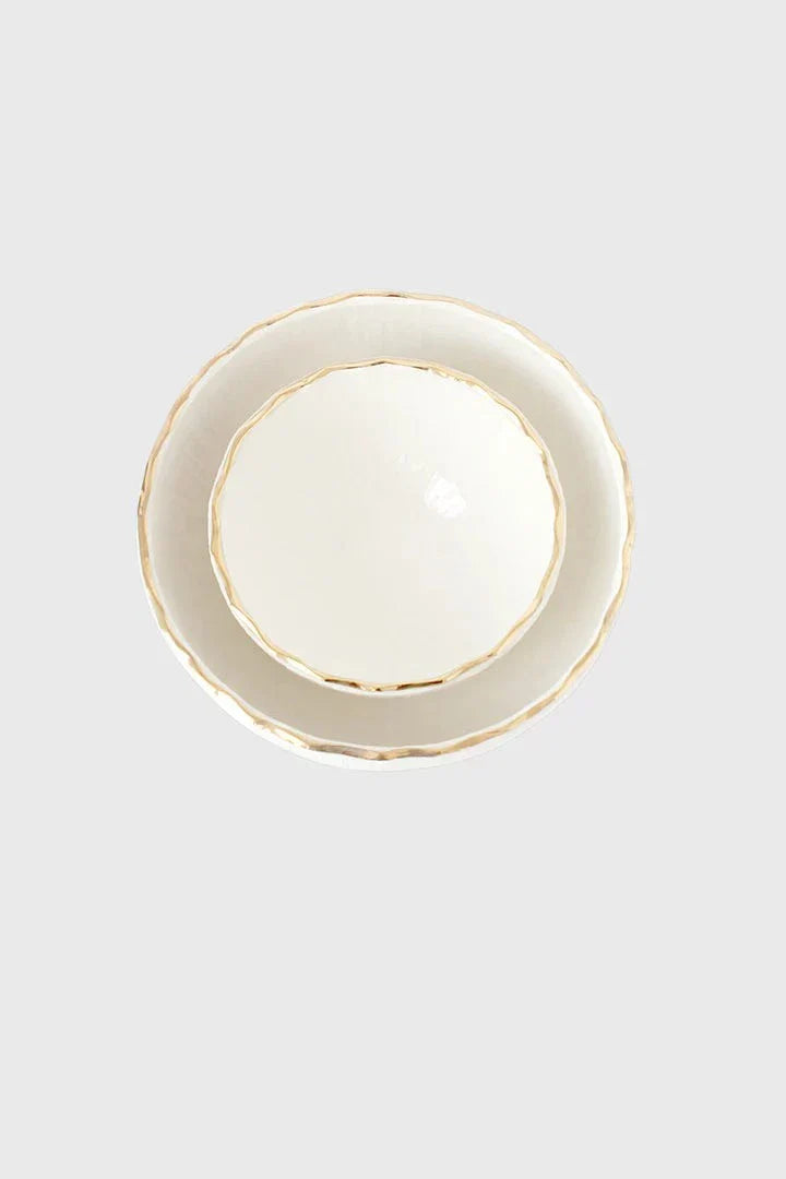 Handmade White Porcelain Salad Bowl with Gold Rim. Relief Collection
