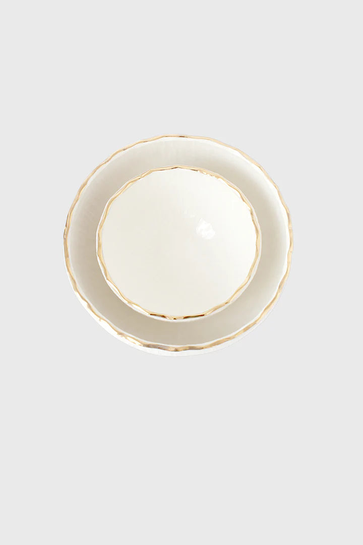 Handmade White Porcelain Bowl with Gold Rim. Relief Collection
