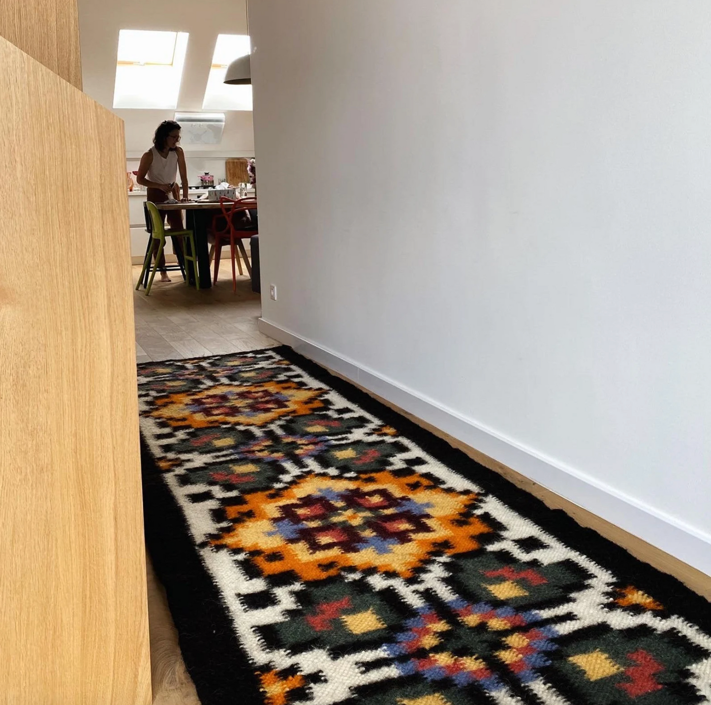 Handwoven wool runner with traditional Carpathian pattern made from 100% sheep wool