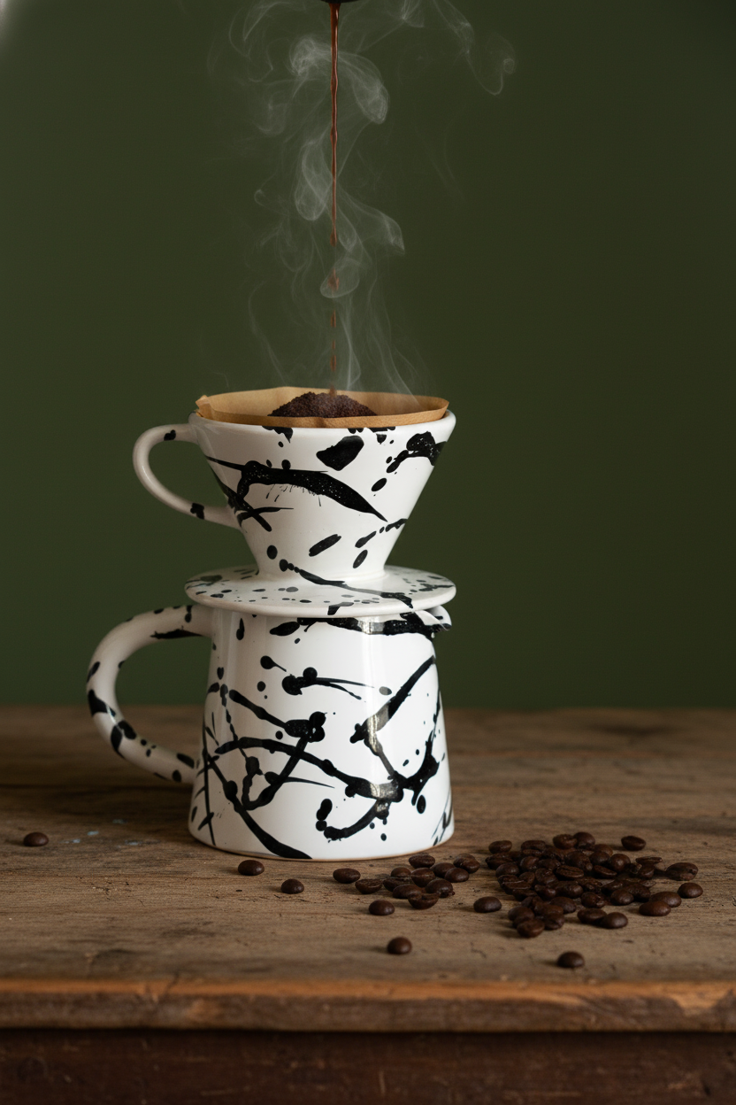 Handmade ceramic pour over coffee set with stoneware dripper and pitcher in monochrome finish