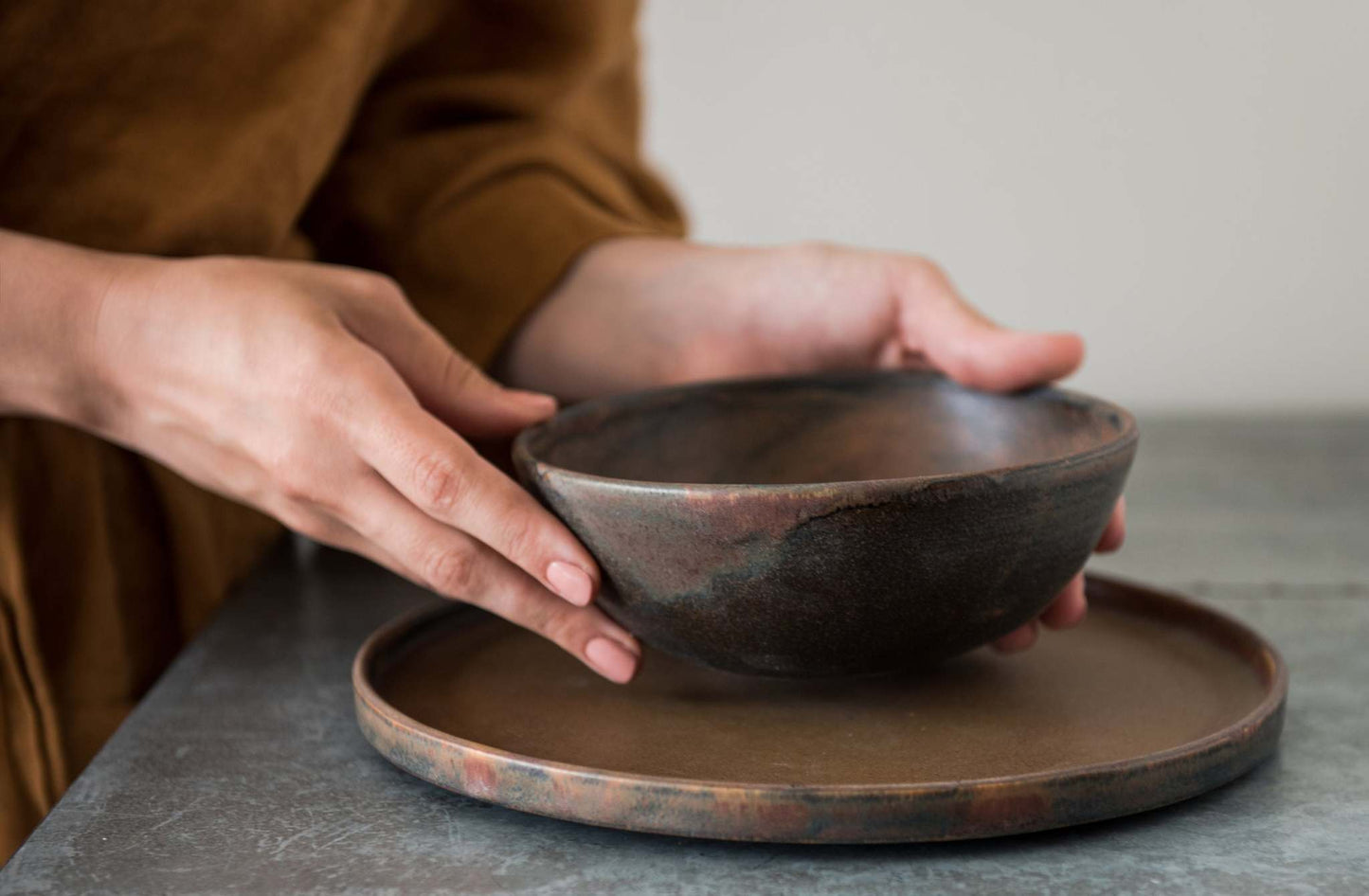 Matte brown-black rust stoneware soup bowl with unique reactive glaze, handmade in Ukraine