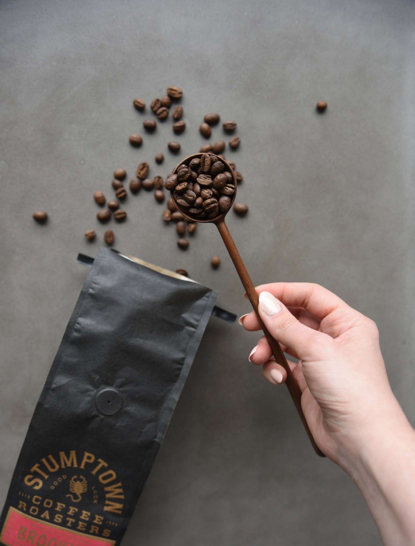 Hand carved big walnut wood spoon for measuring coffee beans handcrafted in Ukraine
