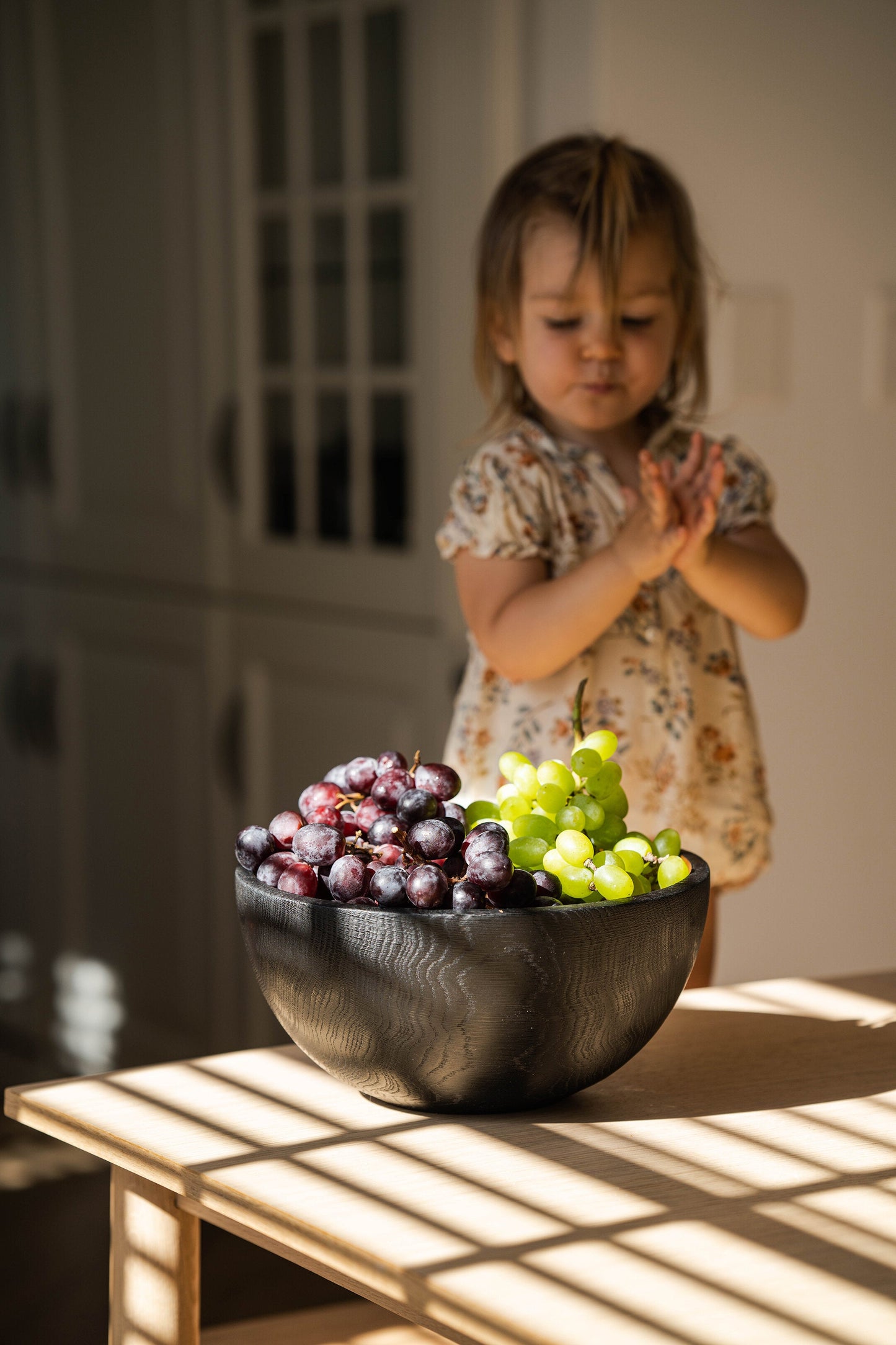 Hand carved large half charred wooden bowl with food-safe finish for fruits and vegetables