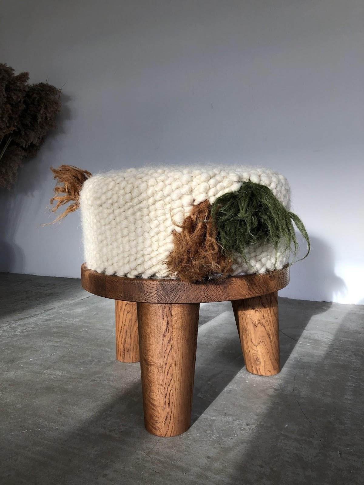 Shaggy Pouf Forest chair made of 100% sheep wool and wood, cozy and versatile design