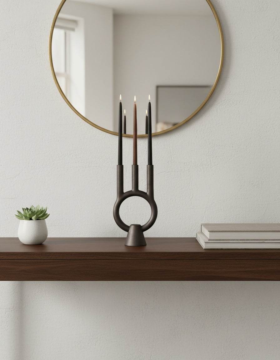 Smoke-fired ceramic black candle holder handmade in Ukraine with modern design and cultural significance