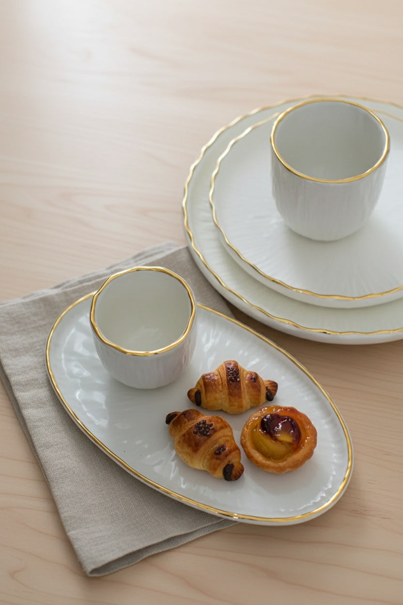 Handmade White Porcelain Coffee Cup with Gold Rim. Relief Collection