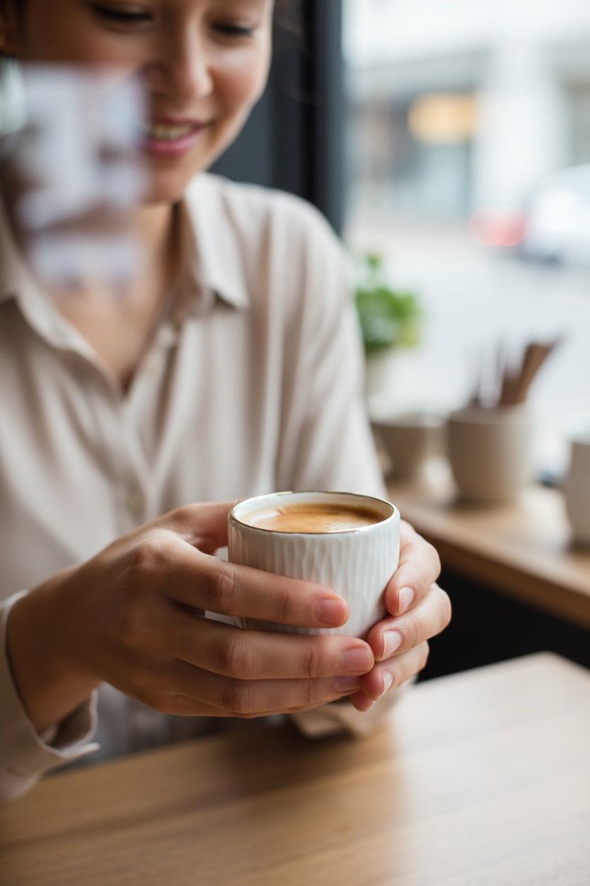 Handmade white porcelain espresso cup with hand-carved relief and gold rim from Off-White Porcelain Collection