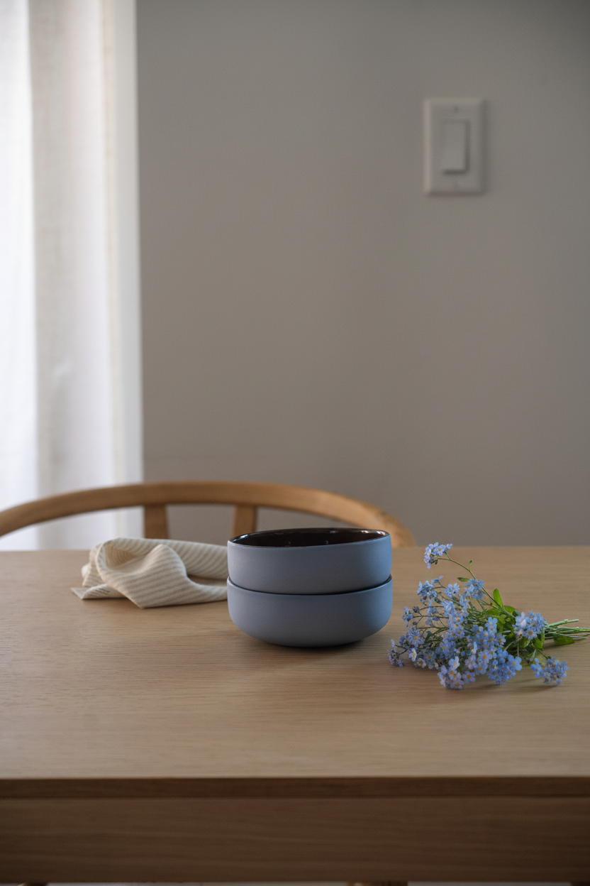 Handmade porcelain bowl with forget-me-not exterior and chocolate-glazed interior, dishwasher safe