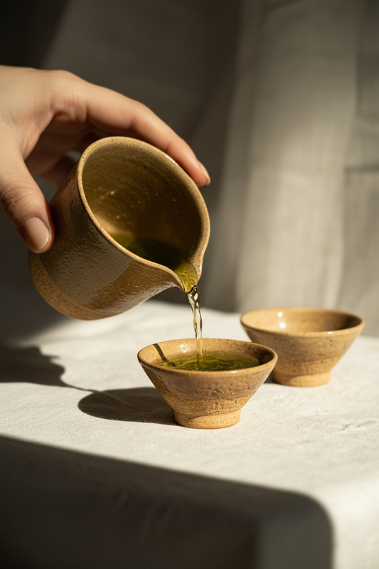 Handmade Stoneware Tea Pitcher (Chahai) – Yellow Speckles