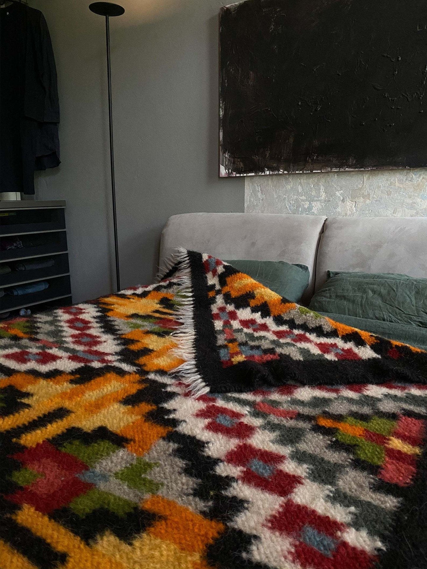 Traditional handwoven Carpathian wool lizhnyk rug with archival ornaments, made from 100% Carpathian sheep wool