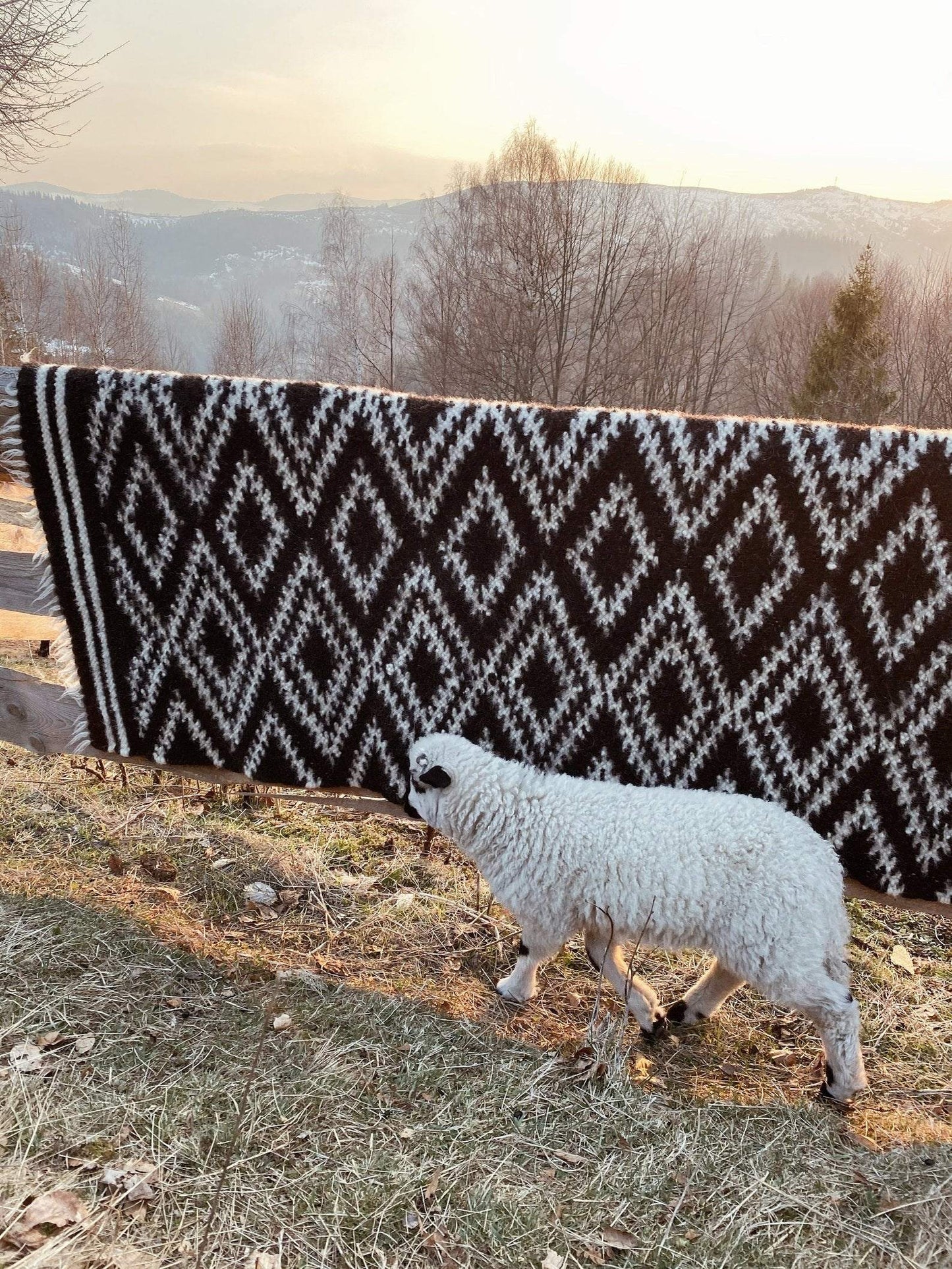 Handwoven traditional Carpathian wool lizhnyk with spectacled pattern and archival ornaments