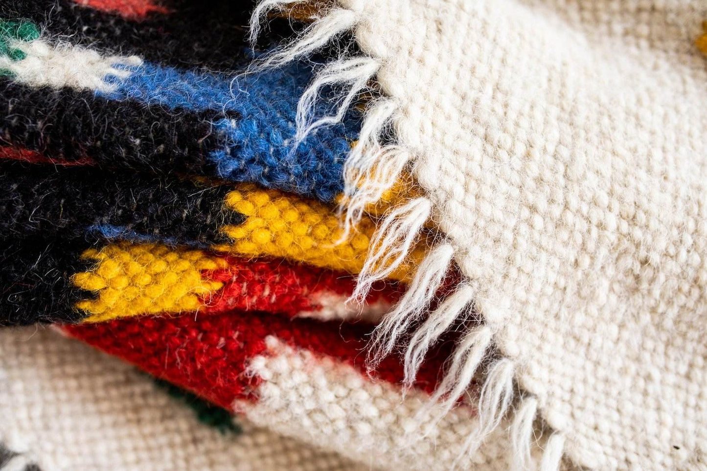 Handwoven thin rug with traditional Carpathian pattern made of 100% sheep wool