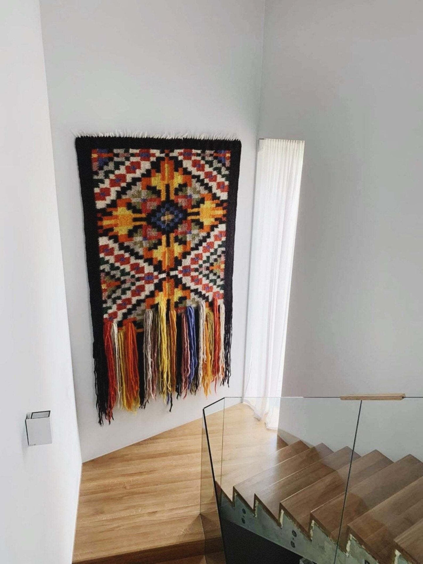 Wool wall hanging with traditional Carpathian pattern, handwoven 100% sheep wool tapestry from Ukraine