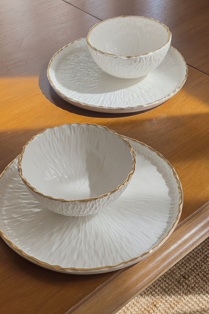 Handmade Porcelain Dinner Plates with Gold Rim. Relief Collection