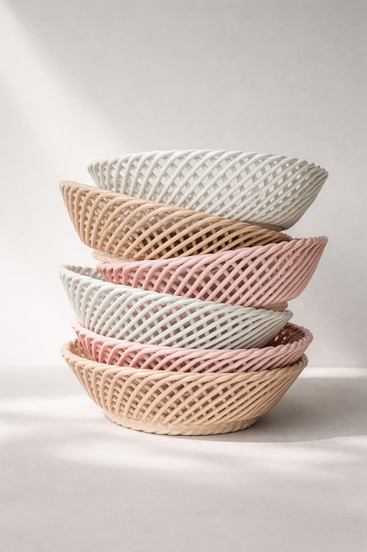Ceramic Round Hand-Woven Basket – White, Beige & Pink Glossy Porcelain