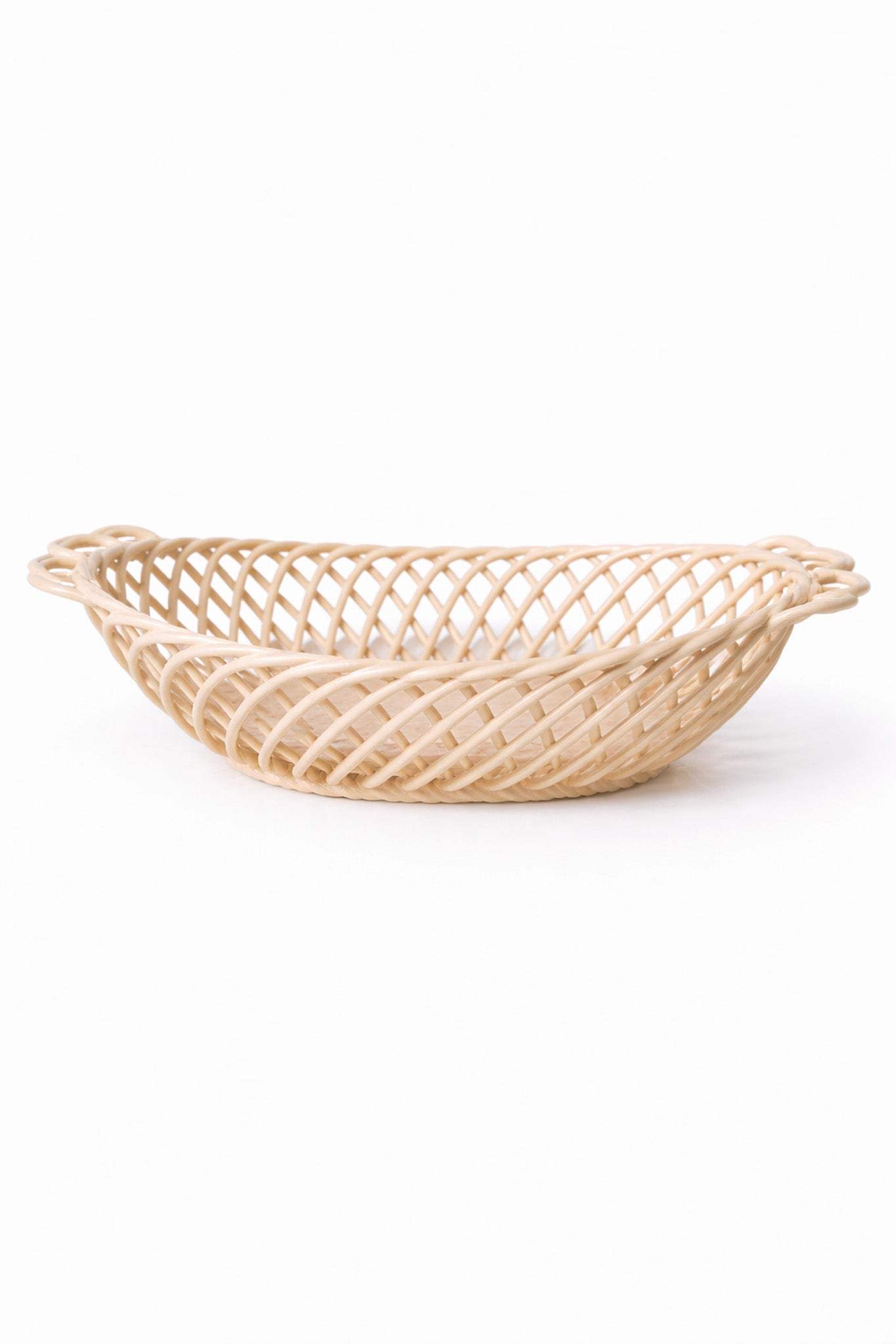 Ceramic Oval Basket - Handwoven Porcelain in White, Beige & Pink Glaze