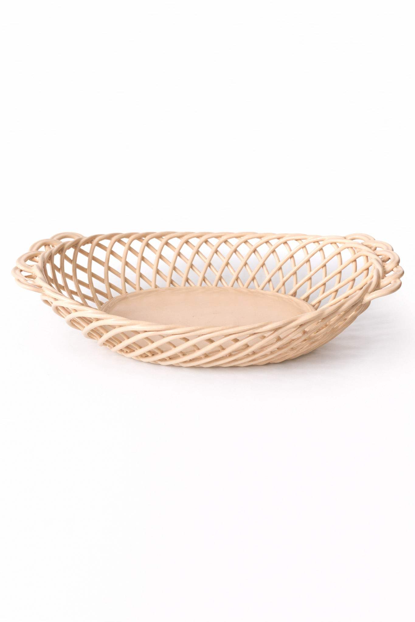 Ceramic Oval Basket - Handwoven Porcelain in White, Beige & Pink Glaze