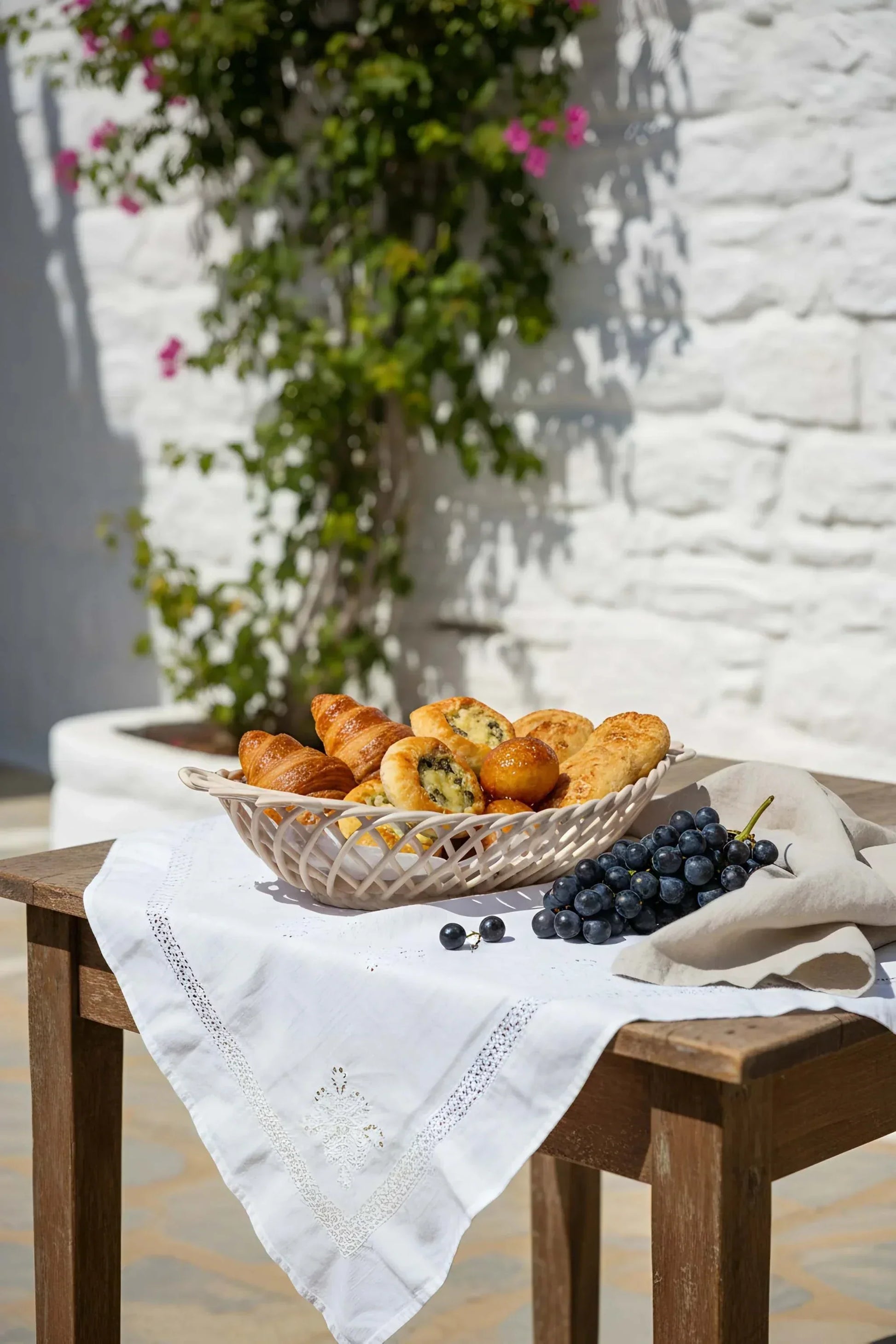 Ceramic Oval Basket - Handwoven Porcelain in White, Beige & Pink Glaze