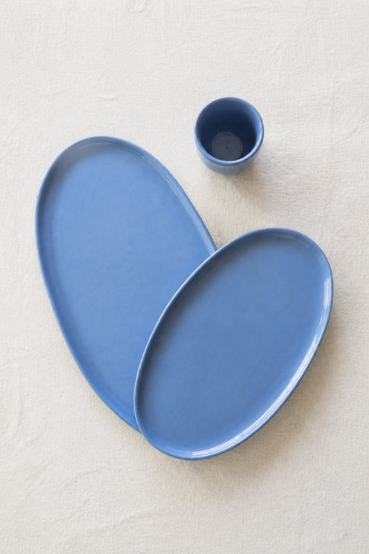 Handmade Oval Porcelain Platter. Forget-me-not Blue
