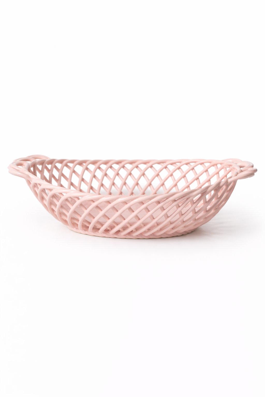 Ceramic Oval Basket - Handwoven Porcelain in White, Beige & Pink Glaze