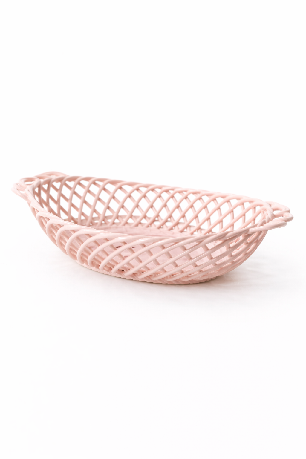 Ceramic Oval Basket - Handwoven Porcelain in White, Beige & Pink Glaze