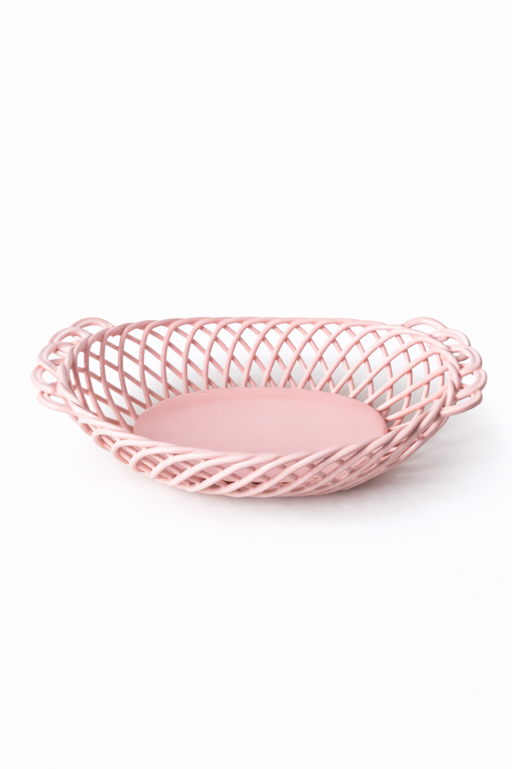 Ceramic Oval Basket - Handwoven Porcelain in White, Beige & Pink Glaze