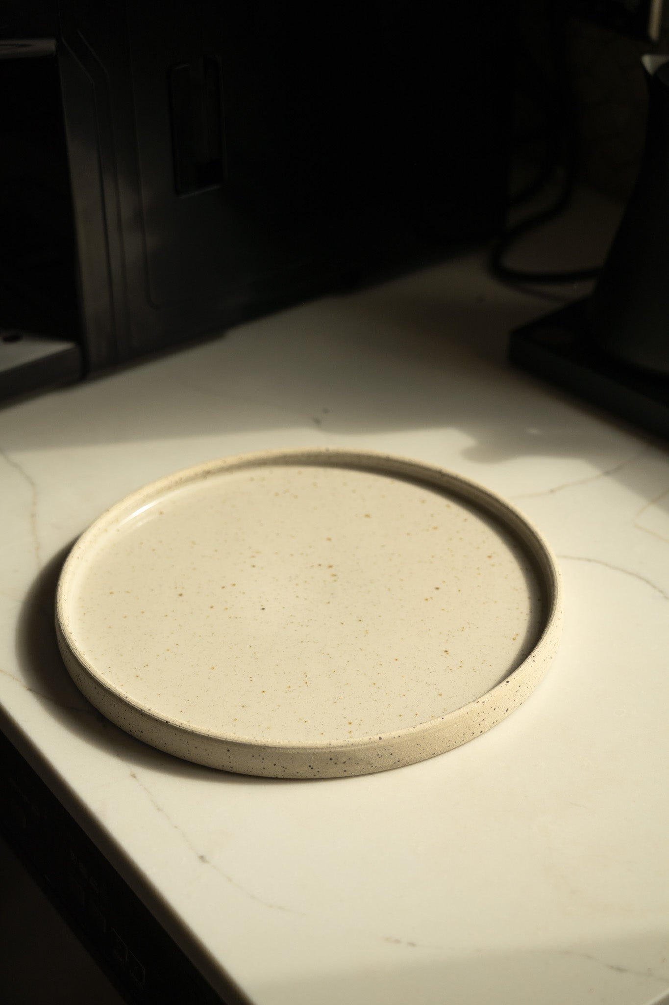 Handmade Stoneware Pedestal Plate — White with Speckles