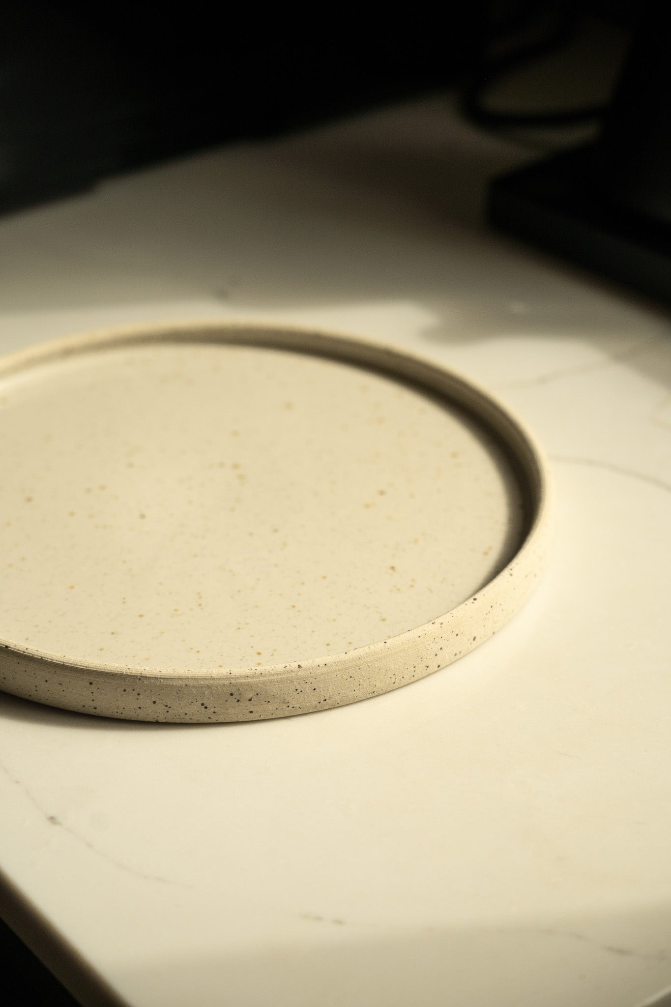 Handmade Stoneware Pedestal Plate — White with Speckles