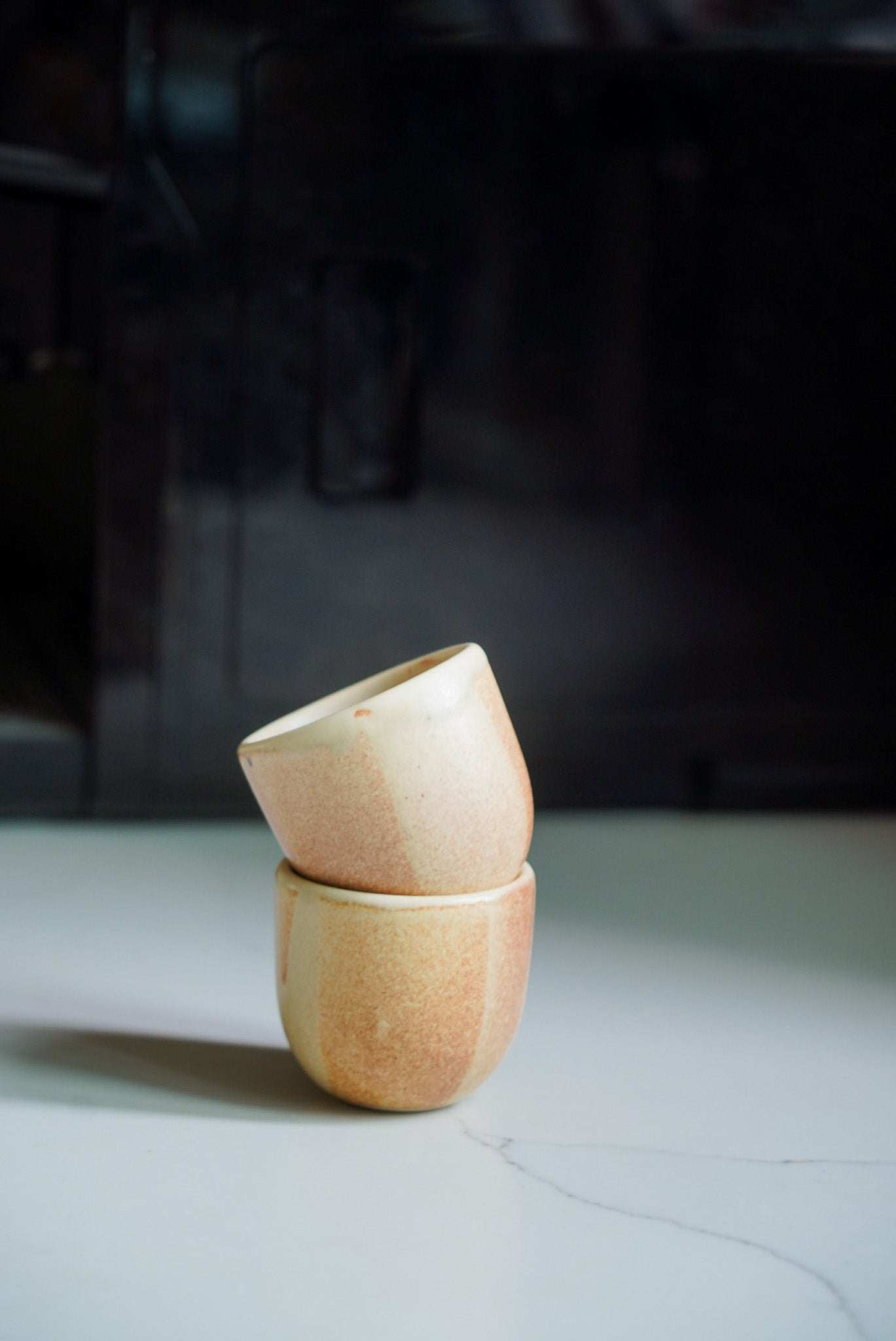 Beige stoneware handmade espresso coffee cup with organic edges and reactive glaze, 5 oz, dishwasher safe