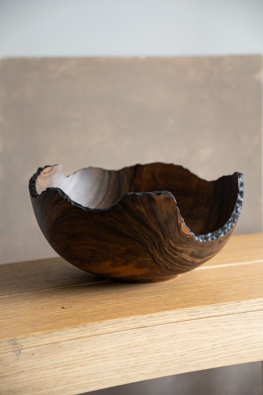 Hand-Carved Large Walnut Wood Bowl