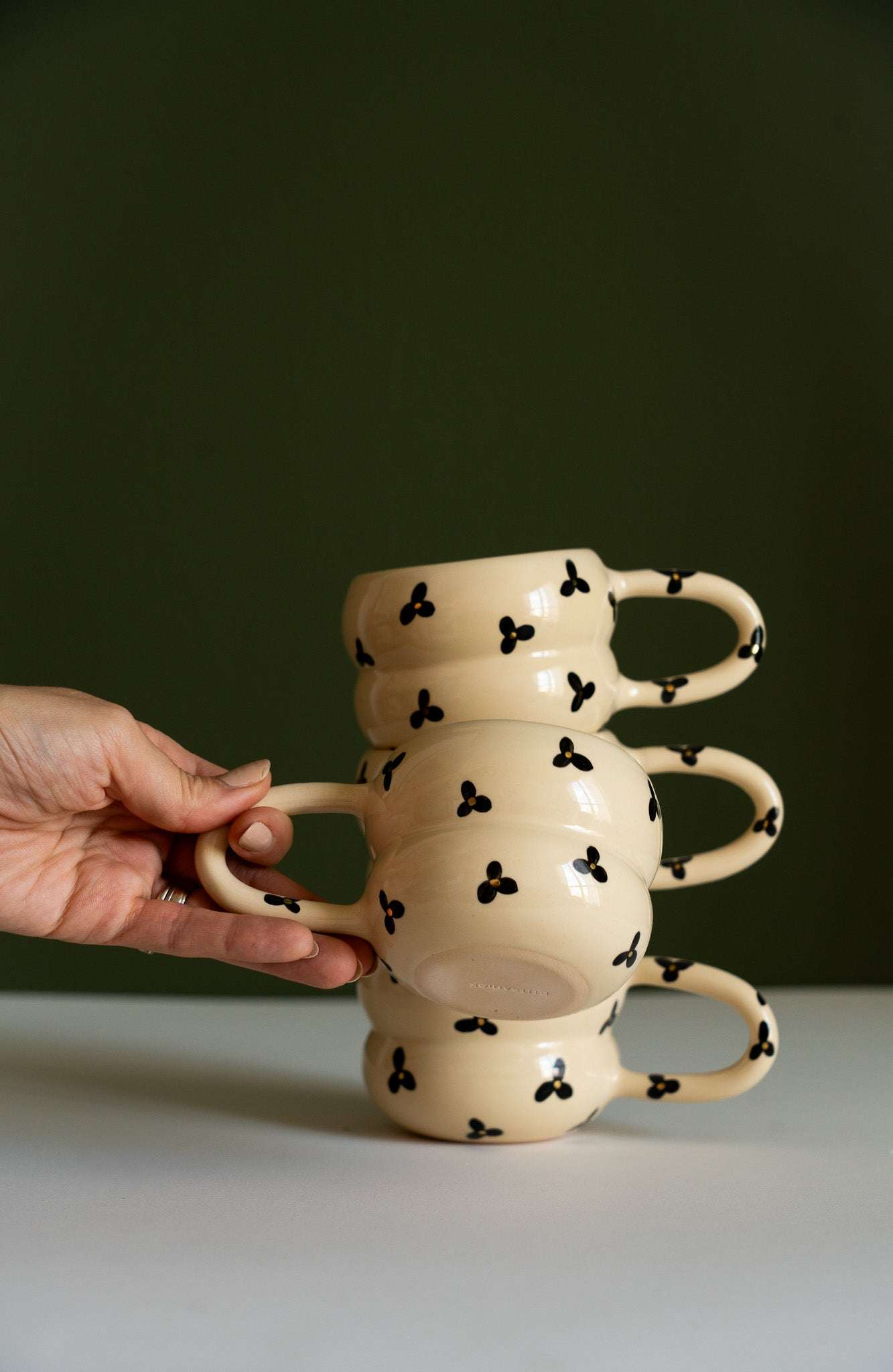Hand Painted Floral Bubble Mug - Double Ring Ceramic Coffee Cup