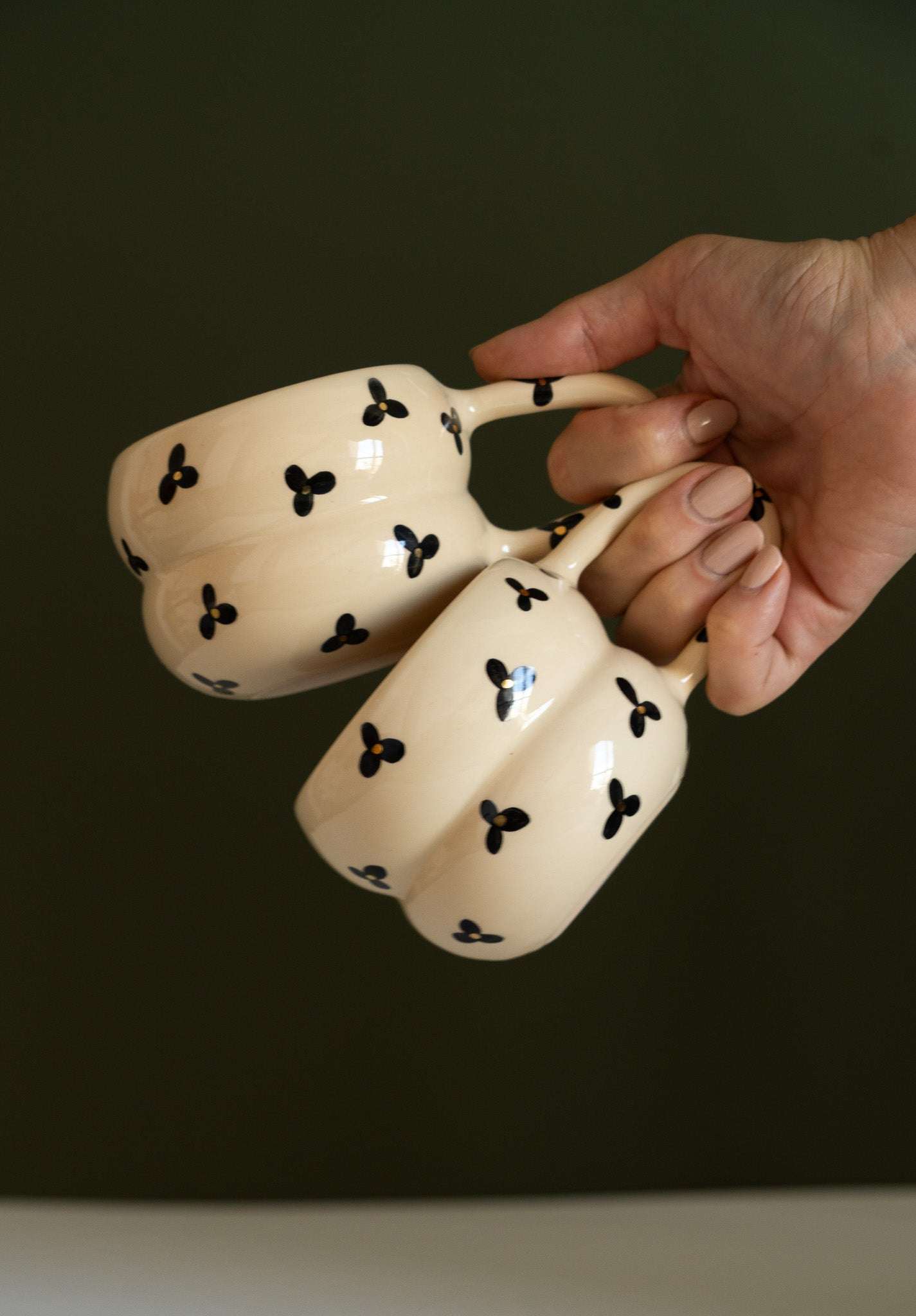 Hand Painted Floral Bubble Mug - Double Ring Ceramic Coffee Cup