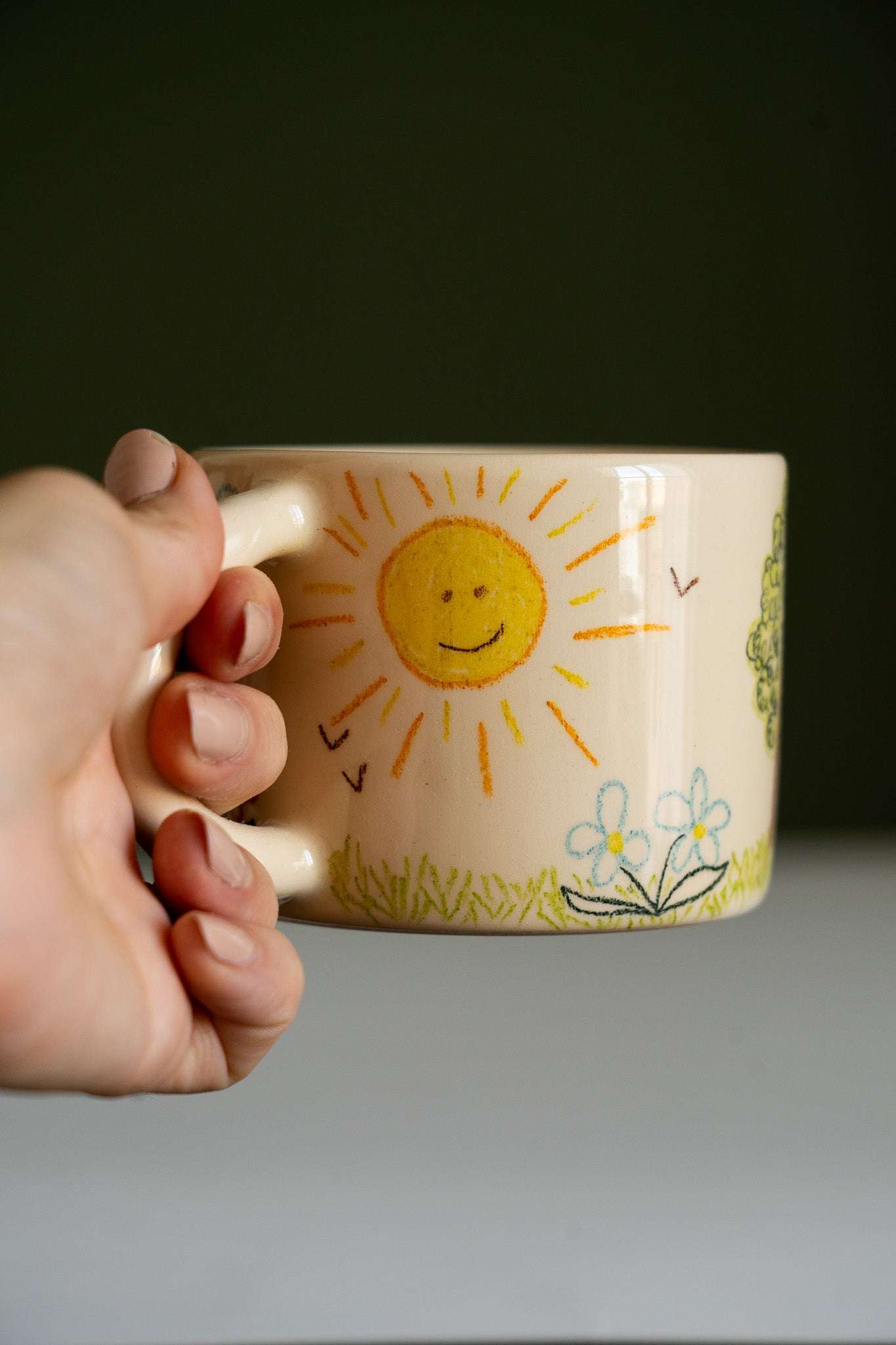 Hand-Drawn Ceramic Mug – Beige Stoneware, Whimsical Childhood Landscape Art