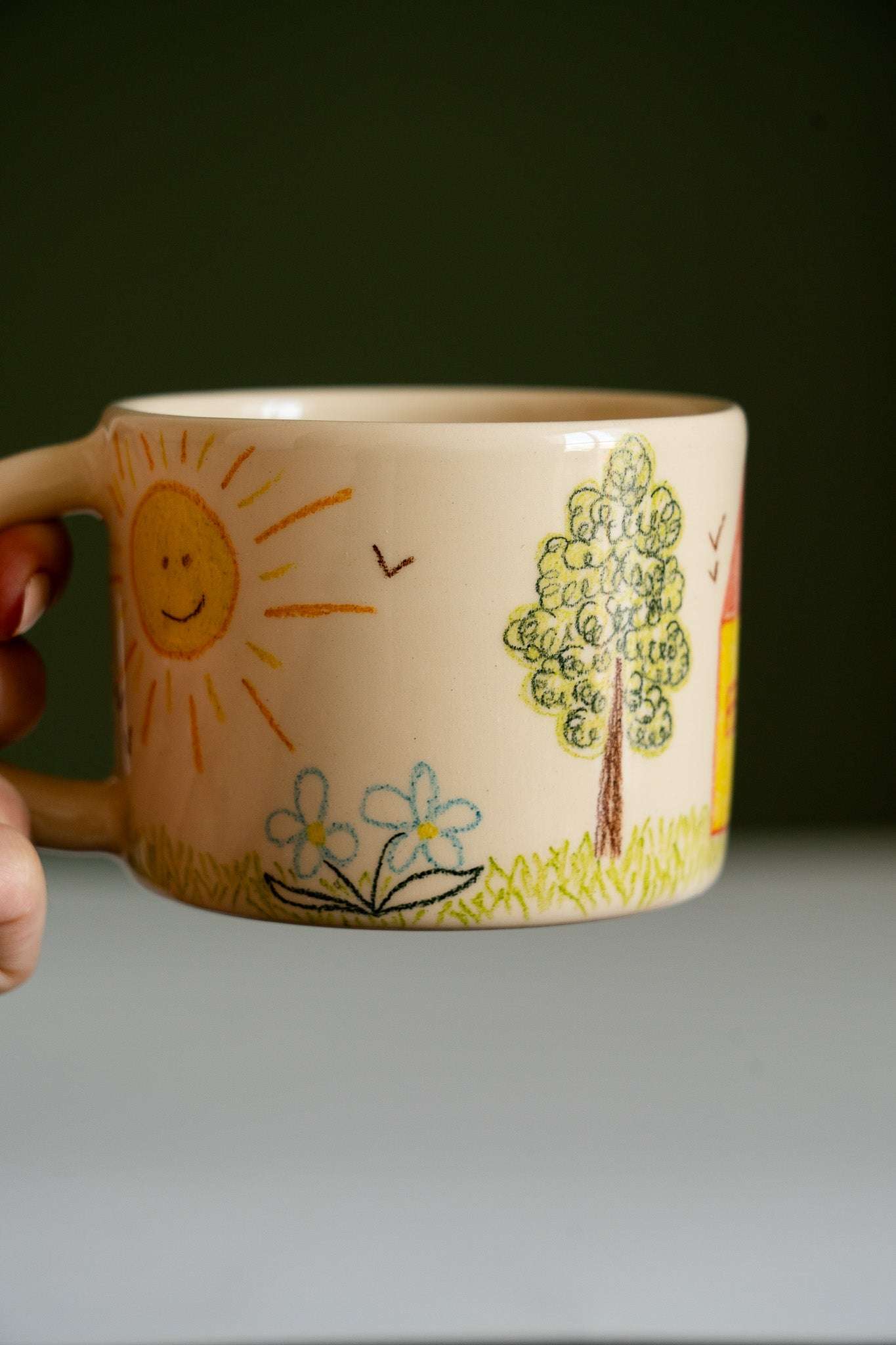 Hand-Drawn Ceramic Mug – Beige Stoneware, Whimsical Childhood Landscape Art