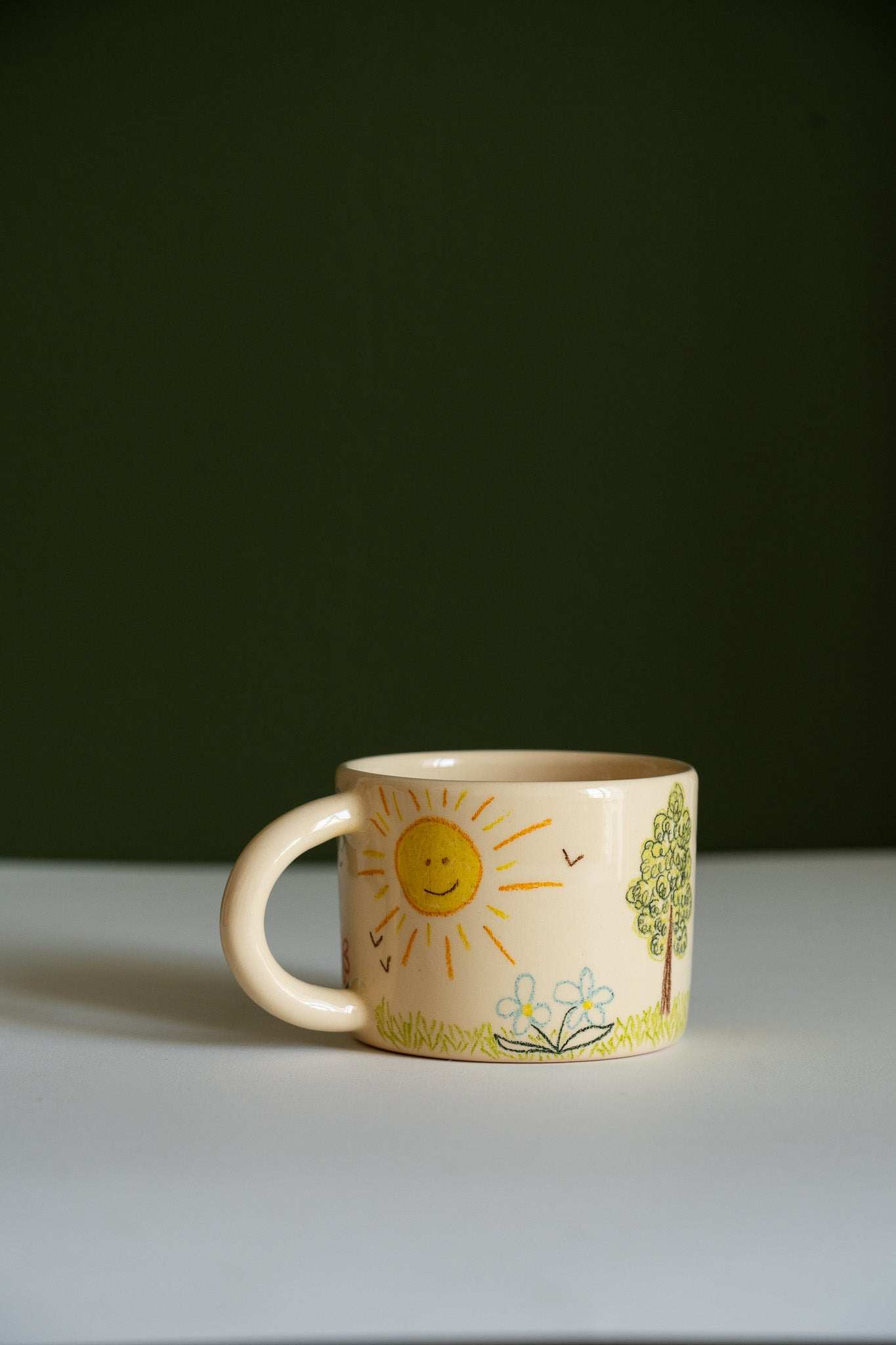 Hand-Drawn Ceramic Mug – Beige Stoneware, Whimsical Childhood Landscape Art