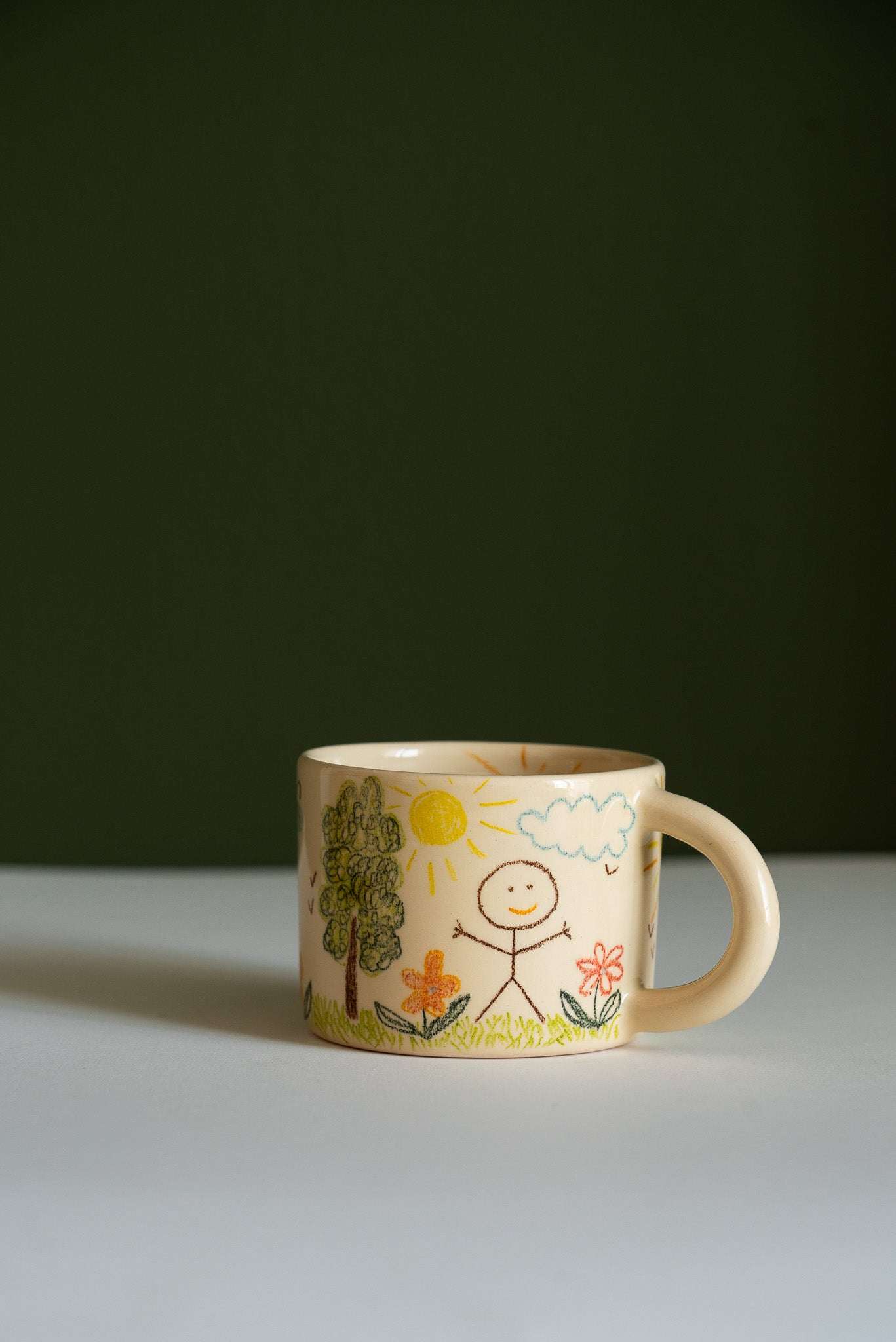 Hand-Drawn Ceramic Mug – Beige Stoneware, Whimsical Childhood Landscape Art