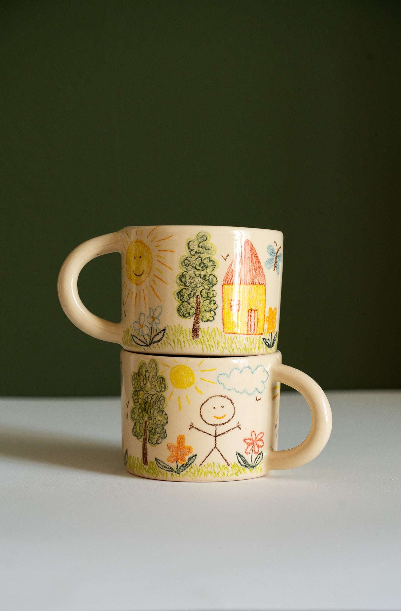 Hand-Drawn Ceramic Mug – Beige Stoneware, Whimsical Childhood Landscape Art