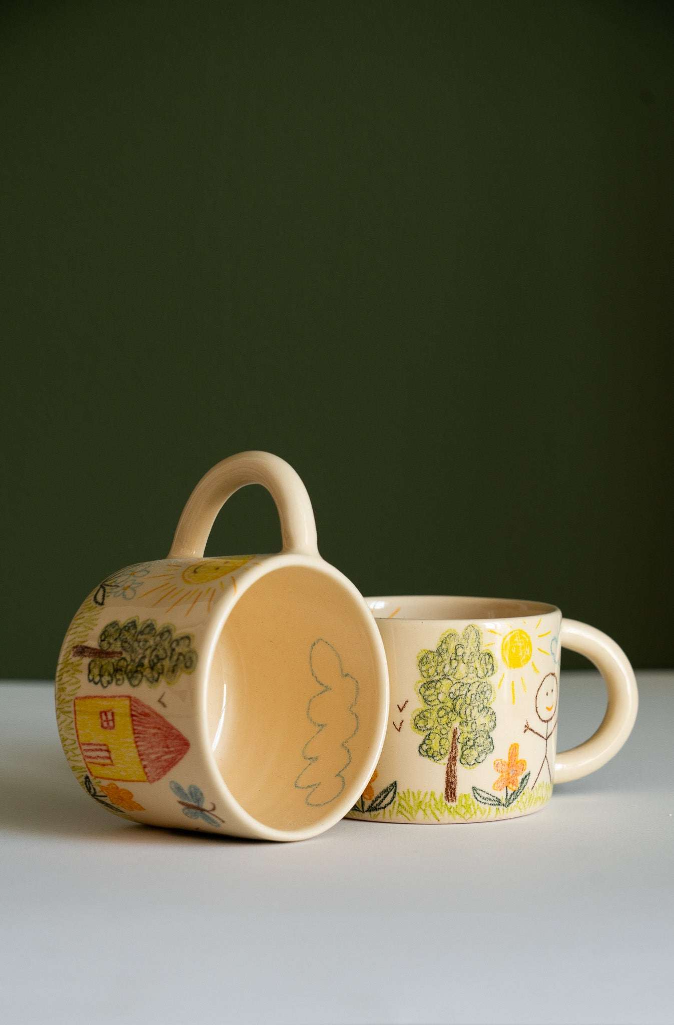 Hand-Drawn Ceramic Mug – Beige Stoneware, Whimsical Childhood Landscape Art